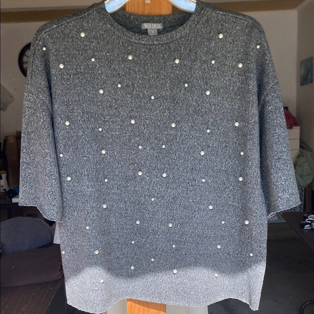 Miss Chievous Gray Crew Neck Sweater with Polka Dot Embellishments